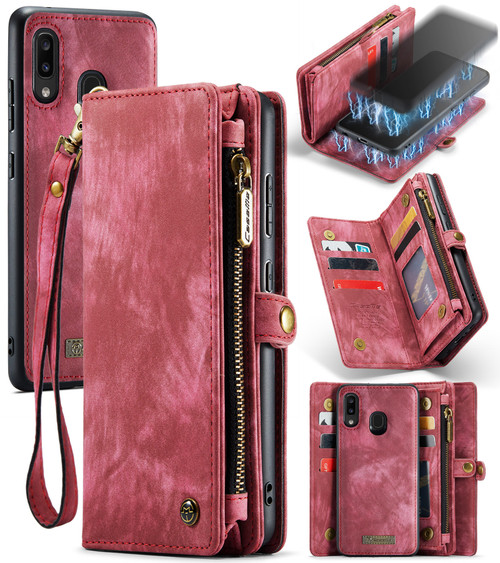 CaseMe 008 Detachable Multifunctional Retro Frosted Horizontal Flip Leather Case Galaxy A20 / M10S, with Card Slot & Holder & Zipper Wallet & Photo Frame - Red